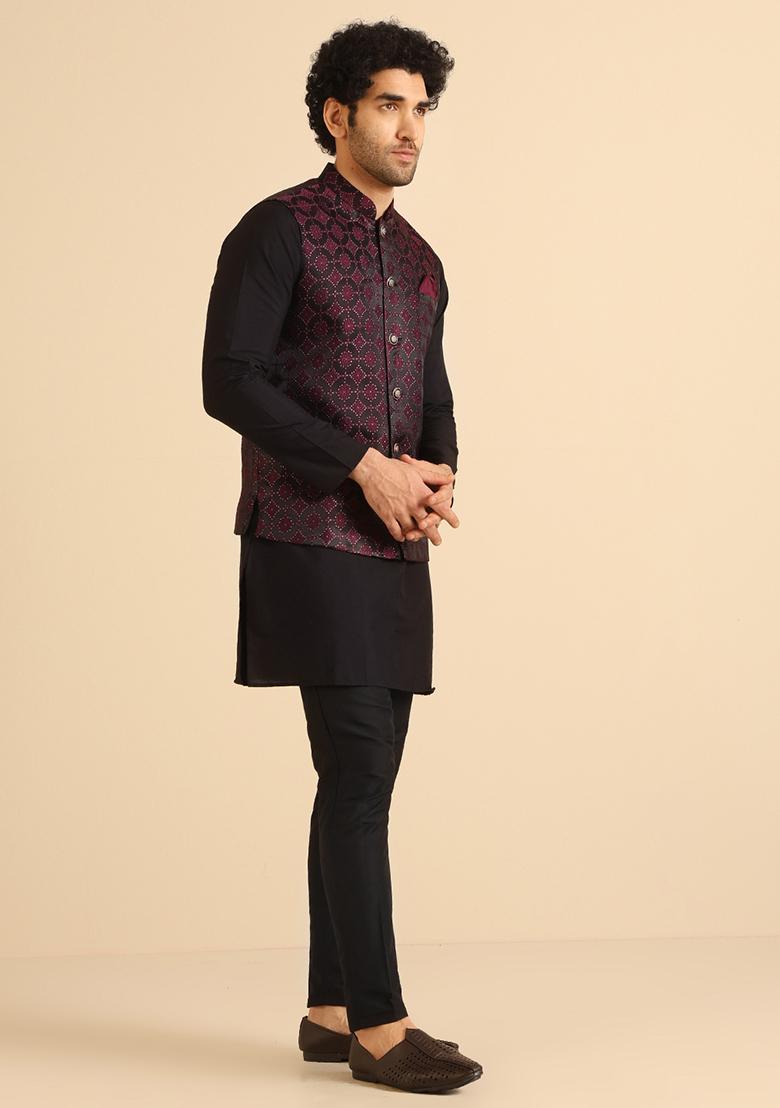 Black And Burgundy Textured Silk Blend Jacquard Mid Kurta Jacket Set - Indya