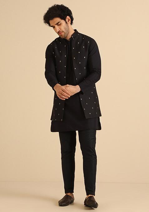 Black Embroidered Cotton Blend Mid Kurta Jacket Set