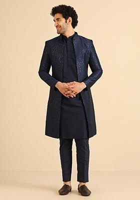Navy Blue Textured Silk Blend Kurta Sherwani Set