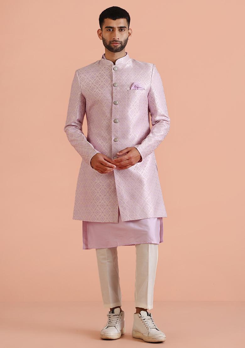 Lilac Textured Silk Blend Jacquard Kurta Sherwani Set
