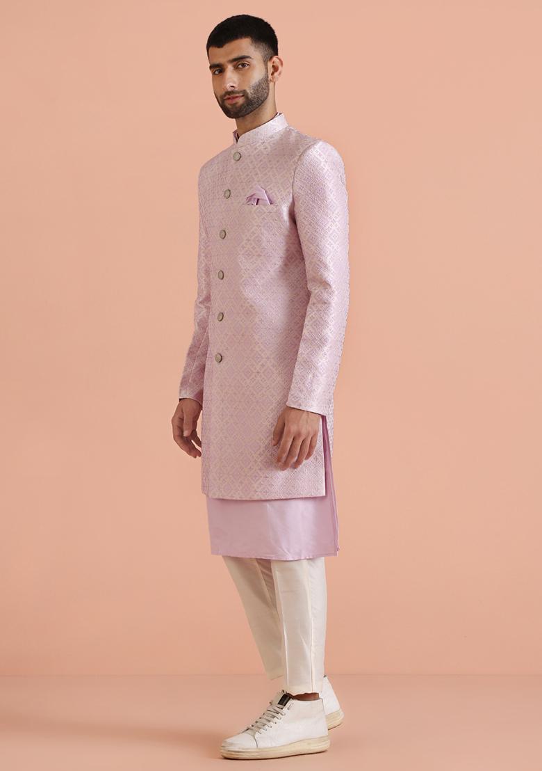 Lilac Textured Silk Blend Jacquard Kurta Sherwani Set