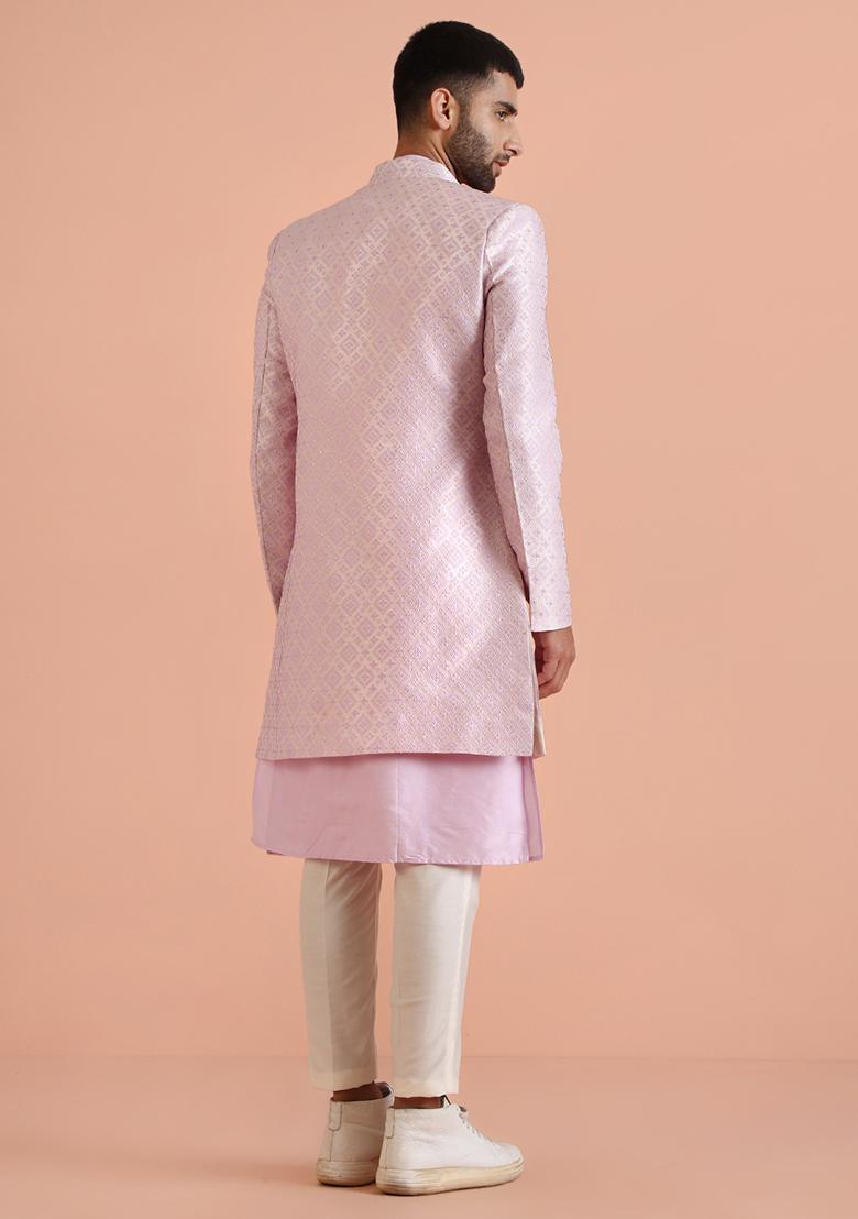 Lilac Textured Silk Blend Jacquard Kurta Sherwani Set
