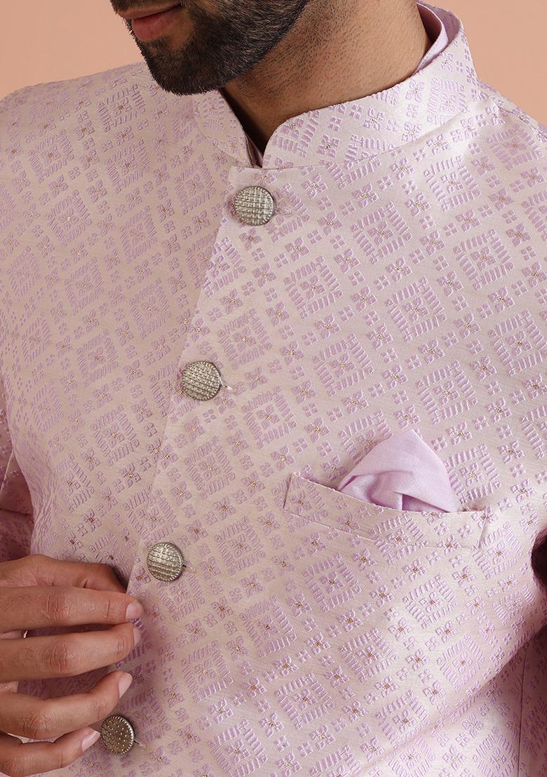 Lilac Textured Silk Blend Jacquard Kurta Sherwani Set