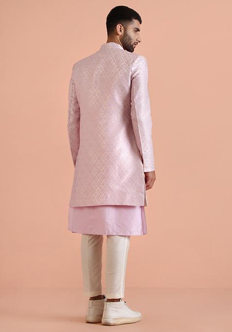 Lilac Textured Silk Blend Jacquard Kurta Sherwani Set