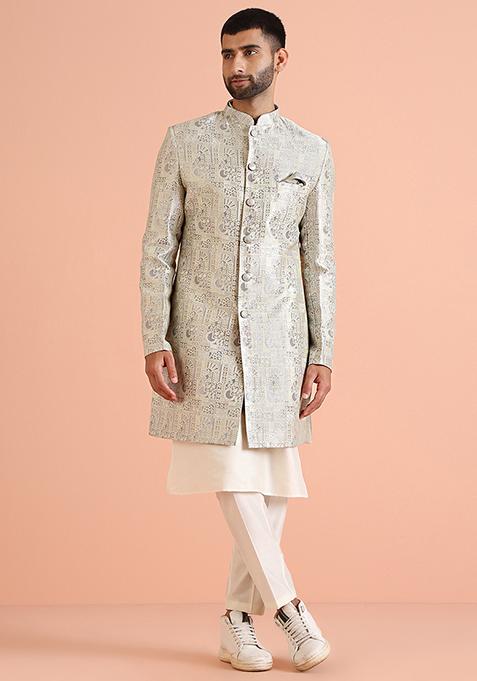 Grey Woven Design Jacquard Kurta Sherwani Set