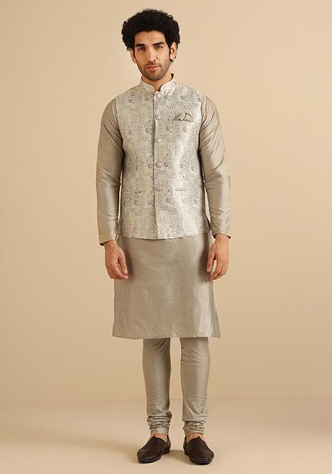 Grey Woven Design Jacquard Kurta Jacket Set