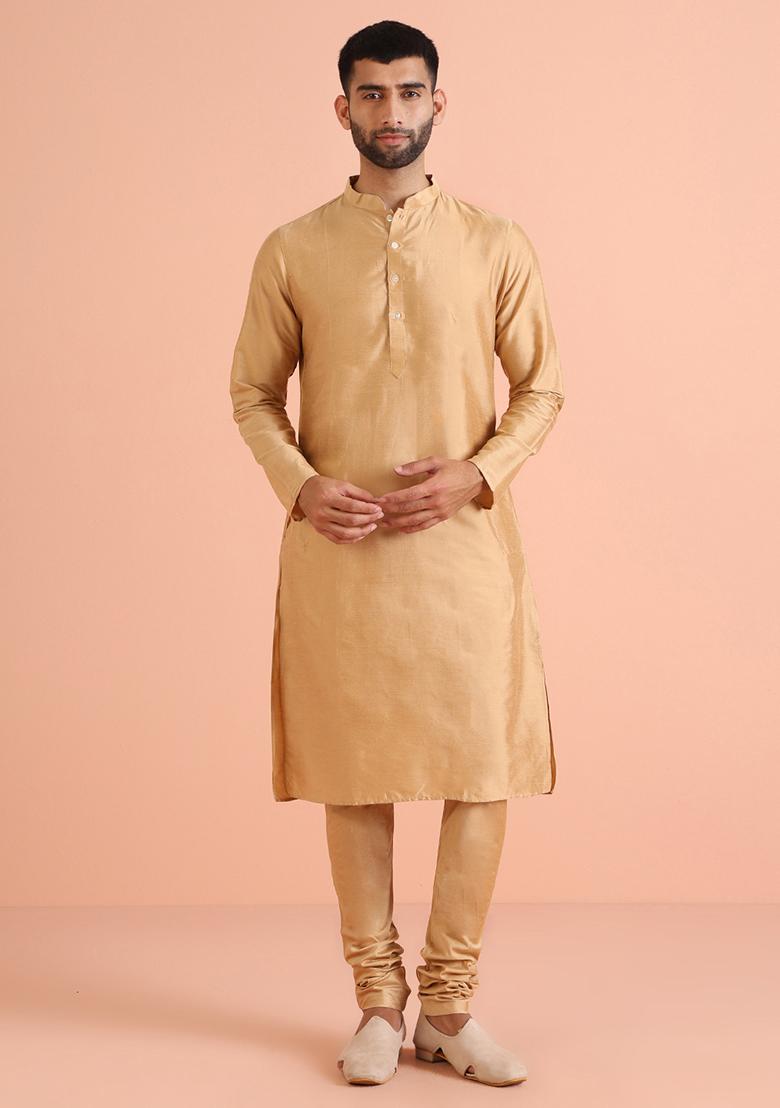 Golden Woven Design Jacquard Kurta Sherwani Set - Indya