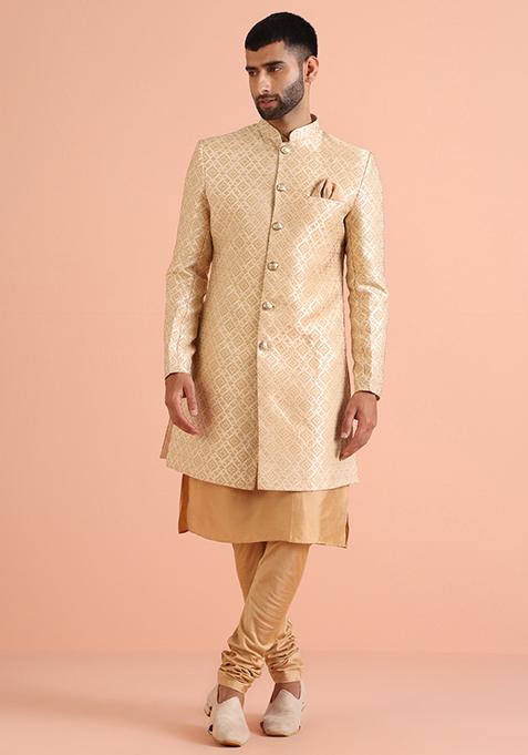 Golden Woven Design Jacquard Kurta Sherwani Set