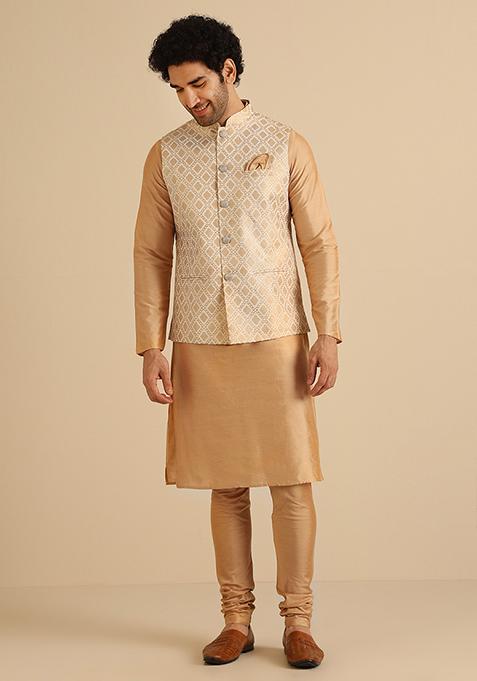 Off White Foil Print Cotton Kurta Jacket Set