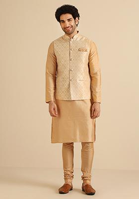 Golden Woven Design Jacquard Kurta Jacket Set