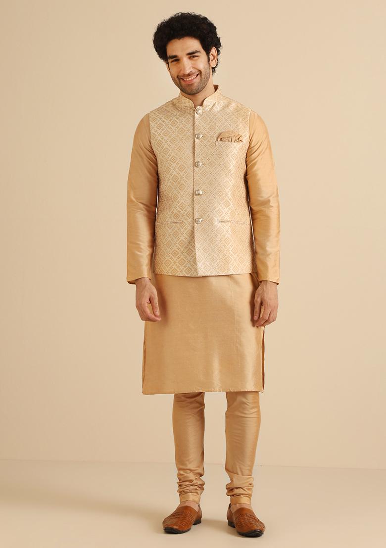 Golden Woven Design Jacquard Kurta Jacket Set