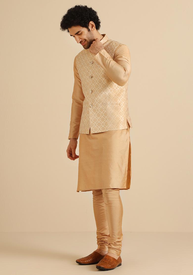 Golden Woven Design Jacquard Kurta Jacket Set
