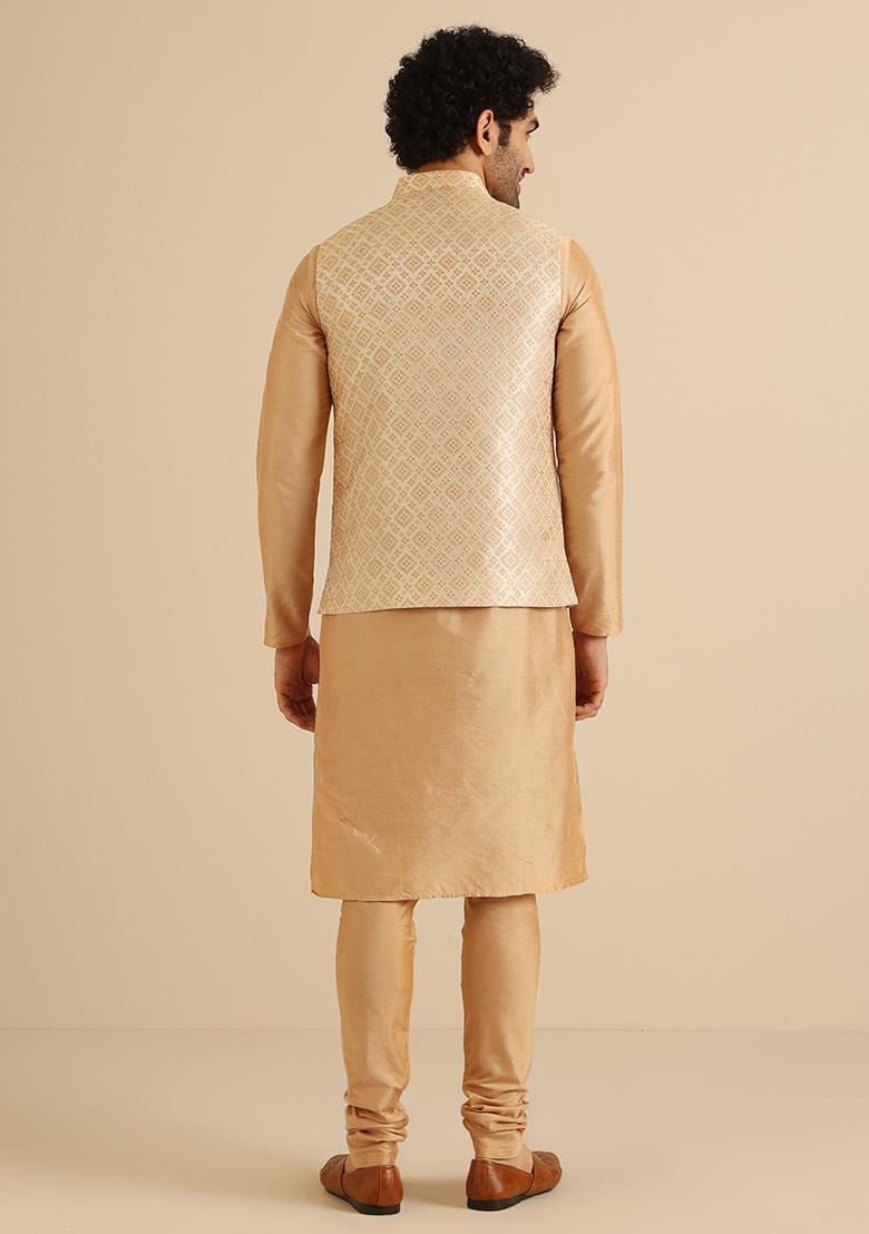 Golden Woven Design Jacquard Kurta Jacket Set