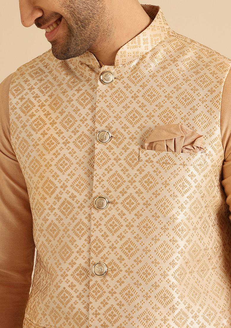 Golden Woven Design Jacquard Kurta Jacket Set