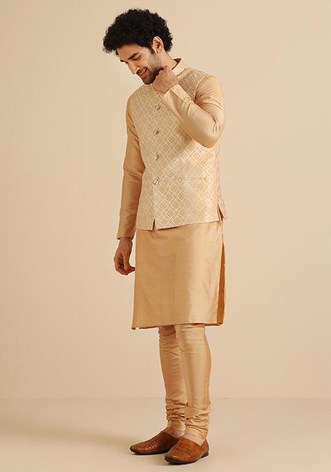 Golden Woven Design Jacquard Kurta Jacket Set
