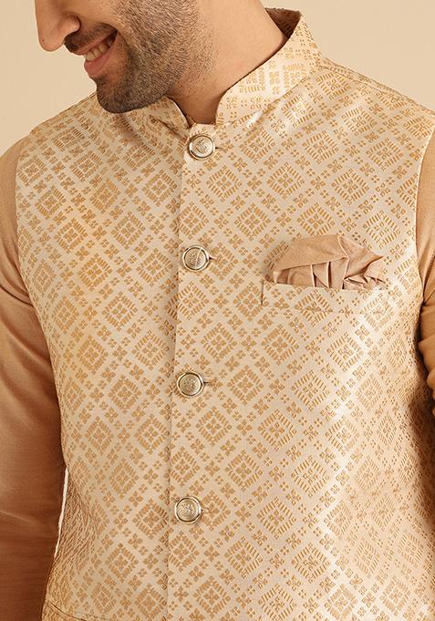 Golden Woven Design Jacquard Kurta Jacket Set