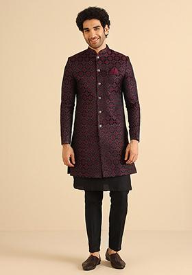 Black And Burgundy Woven Jacquard Silk Blend Jacquard Kurta Sherwani Set