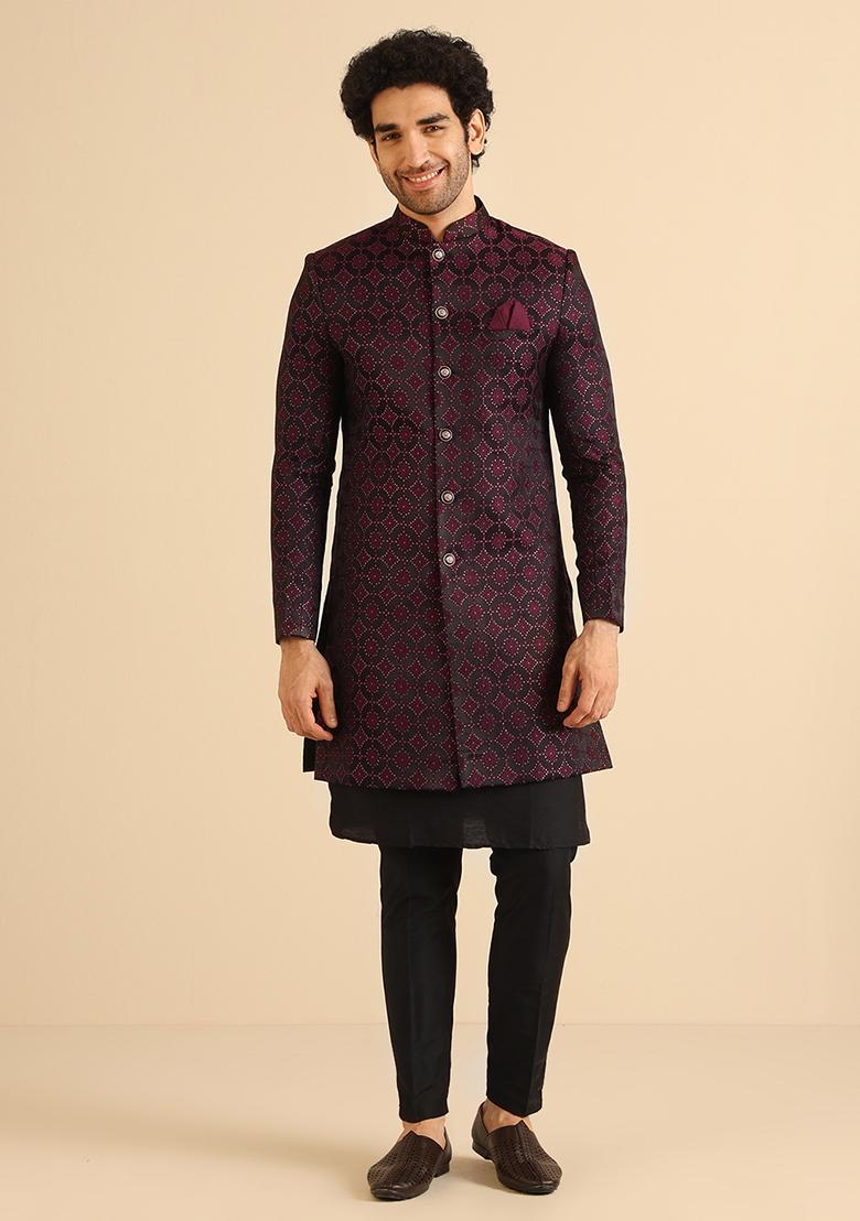 Black And Burgundy Woven Jacquard Silk Blend Jacquard Kurta Sherwani Set