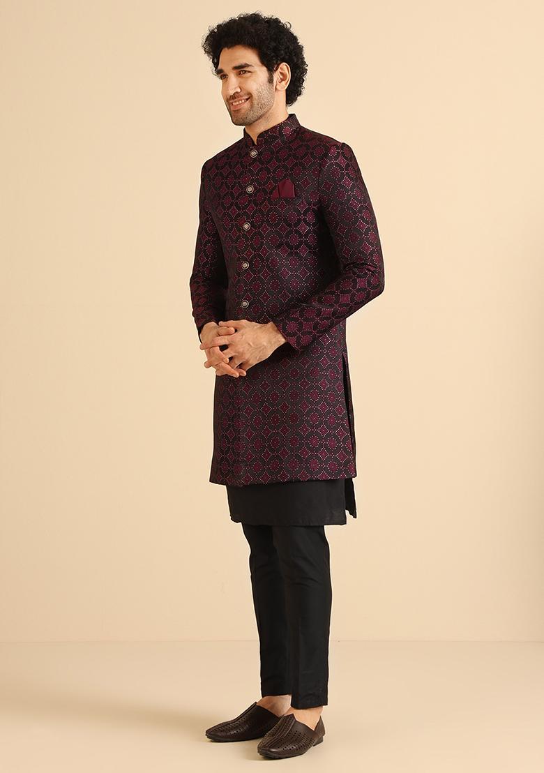 Black And Burgundy Woven Jacquard Silk Blend Jacquard Kurta Sherwani Set