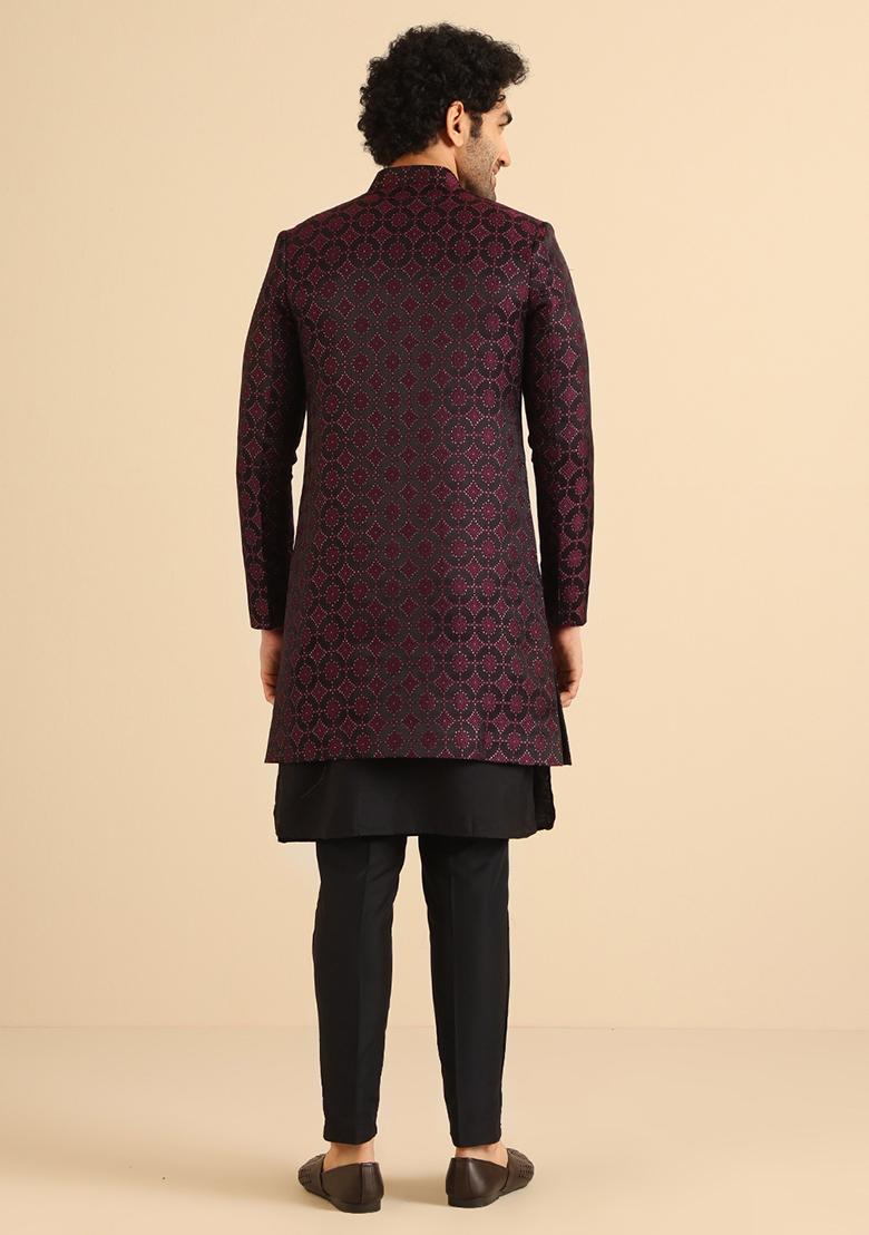 Black And Burgundy Woven Jacquard Silk Blend Jacquard Kurta Sherwani Set