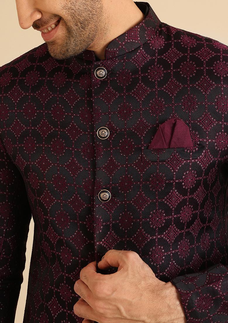 Black And Burgundy Woven Jacquard Silk Blend Jacquard Kurta Sherwani Set