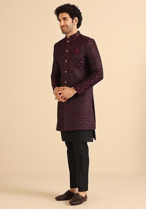 Black And Burgundy Woven Jacquard Silk Blend Jacquard Kurta Sherwani Set