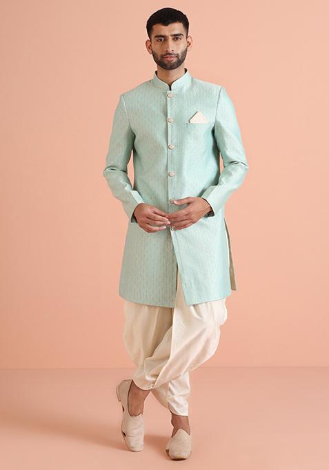 Aqua Green Woven Design Jacquard Sherwani Set