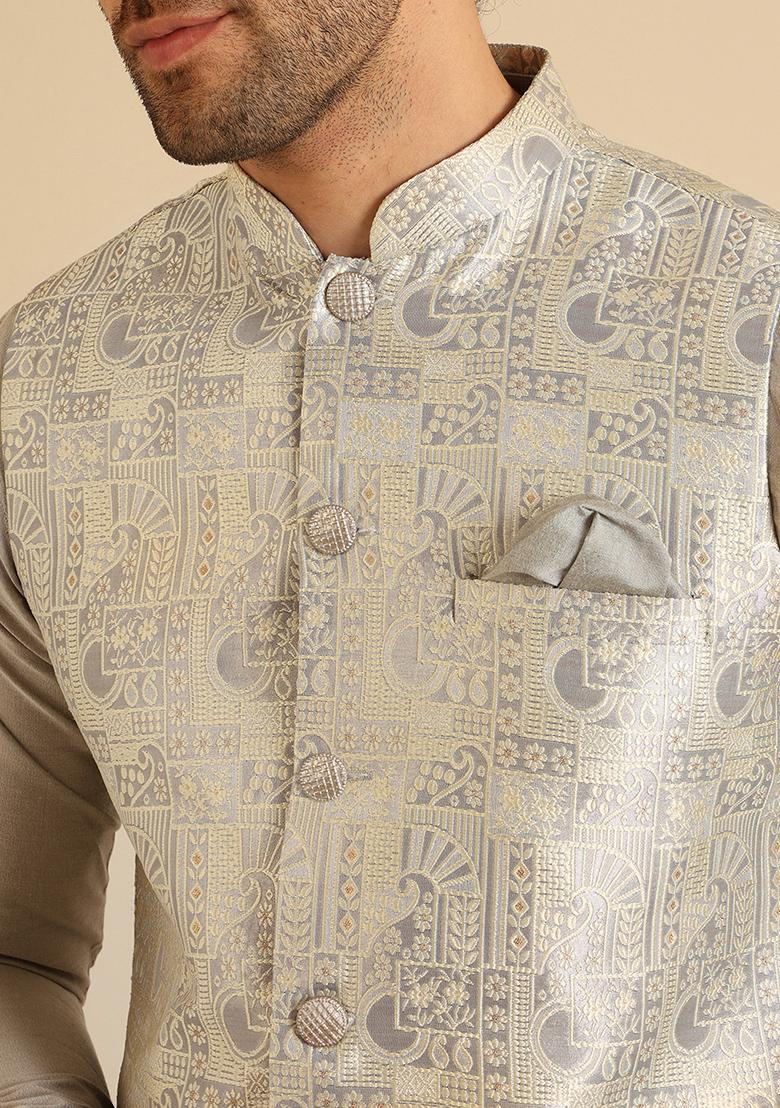 Grey Textured Silk Blend Jacquard Jacket