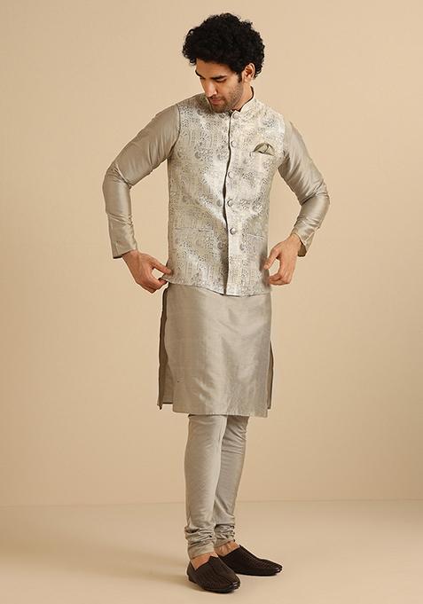 Grey Textured Silk Blend Jacquard Jacket