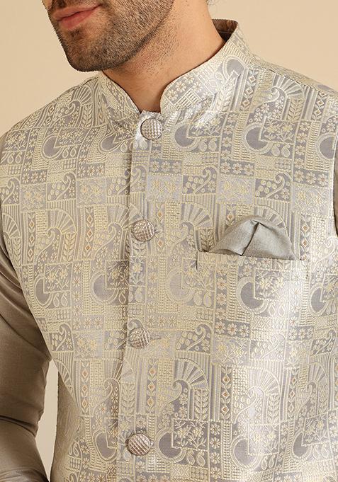 Grey Textured Silk Blend Jacquard Jacket