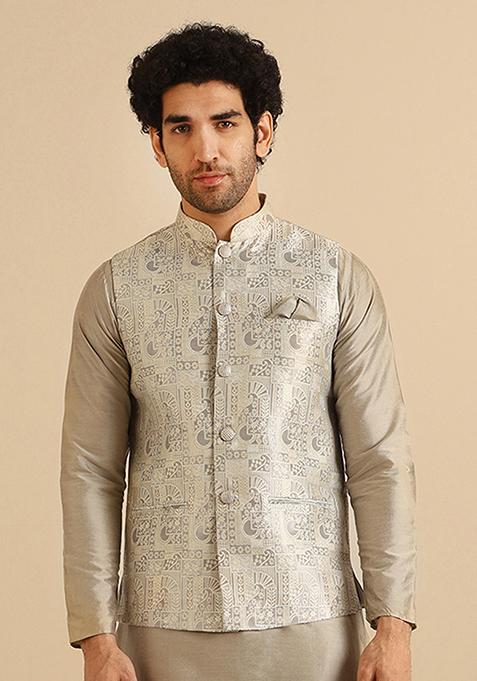 Grey Textured Silk Blend Jacquard Jacket