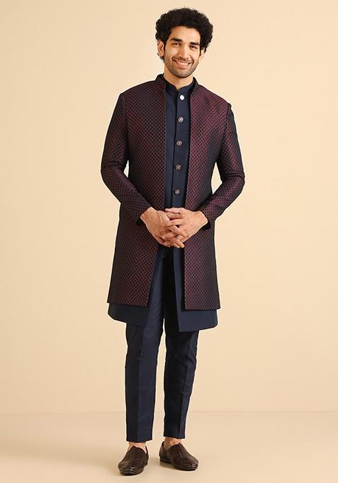 Wine Woven Design Jacquard Jacket Sherwani Set