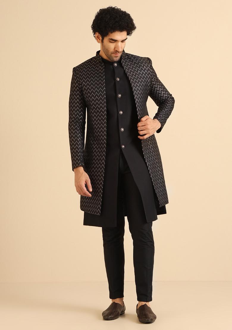 Black Woven Design Jacquard Jacket Sherwani Set