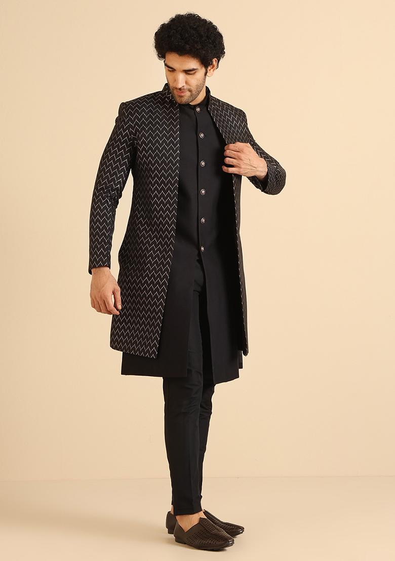 Black Woven Design Jacquard Jacket Sherwani Set - Indya