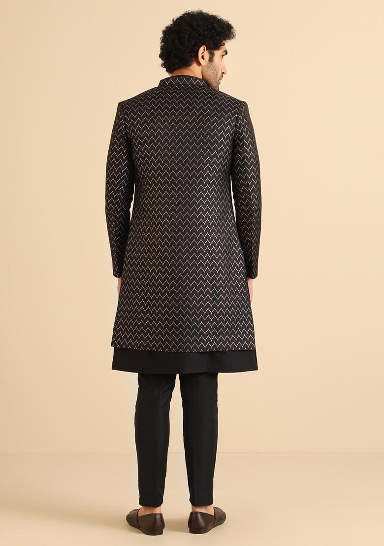 Black Woven Design Jacquard Jacket Sherwani Set