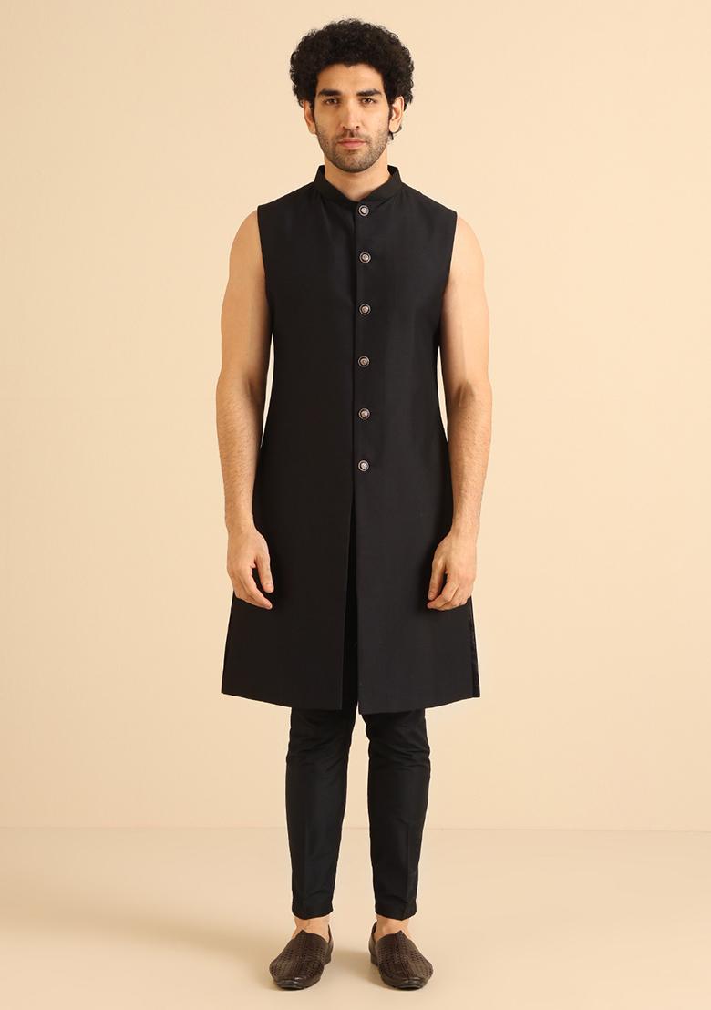 Black Woven Design Jacquard Jacket Sherwani Set - Indya