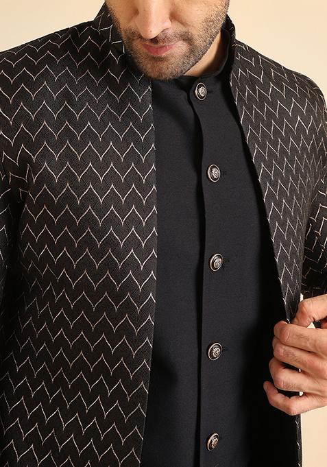 Black Woven Design Jacquard Jacket Sherwani Set