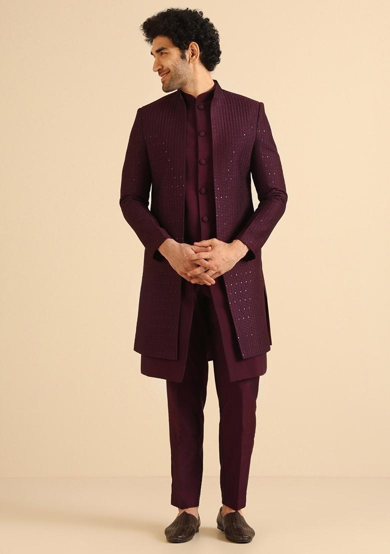 Wine Embellished Blend Jacket Sherwani Set