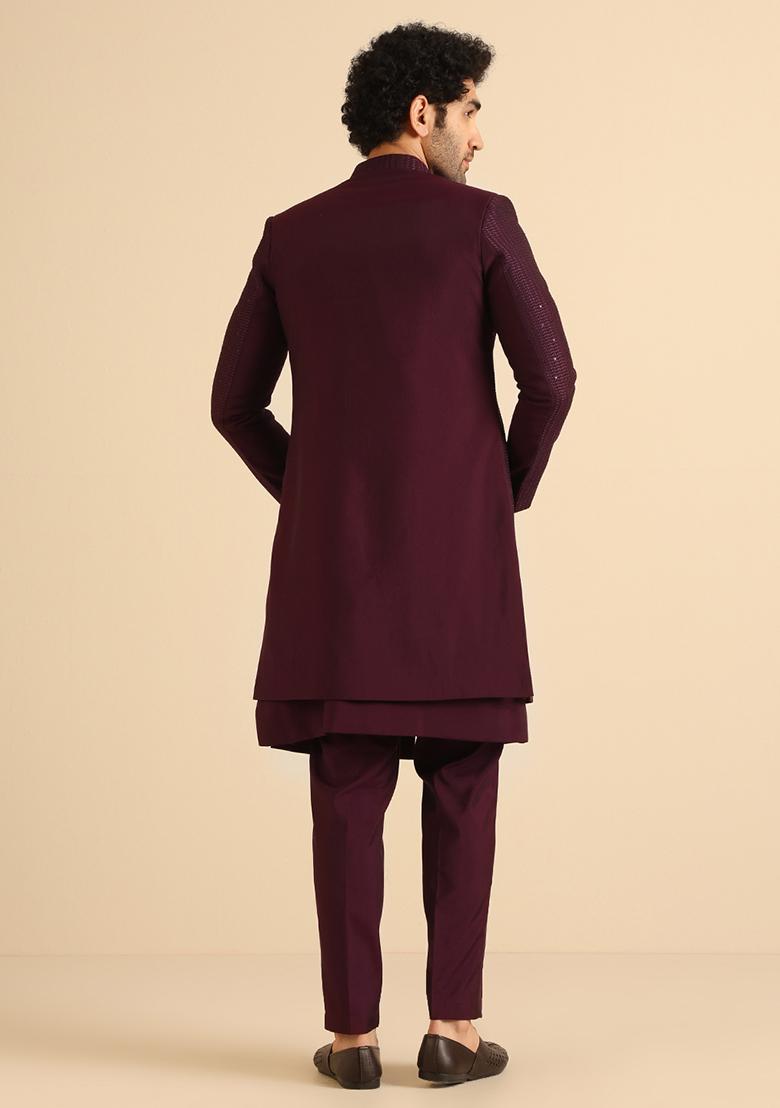 Wine Embellished Blend Jacket Sherwani Set