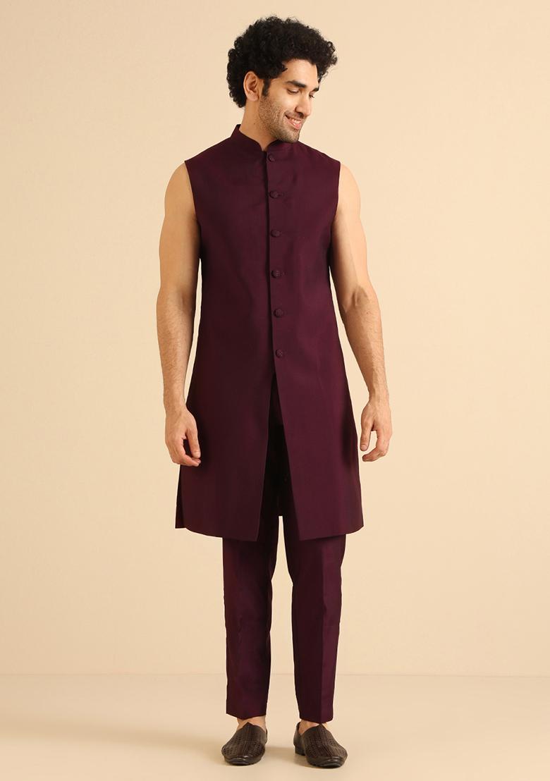 Wine Embellished Blend Jacket Sherwani Set