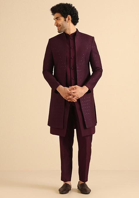 Wine Embellished Blend Jacket Sherwani Set