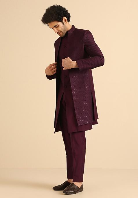 Wine Embellished Blend Jacket Sherwani Set