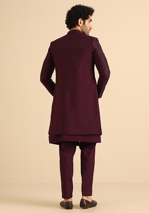 Wine Embellished Blend Jacket Sherwani Set