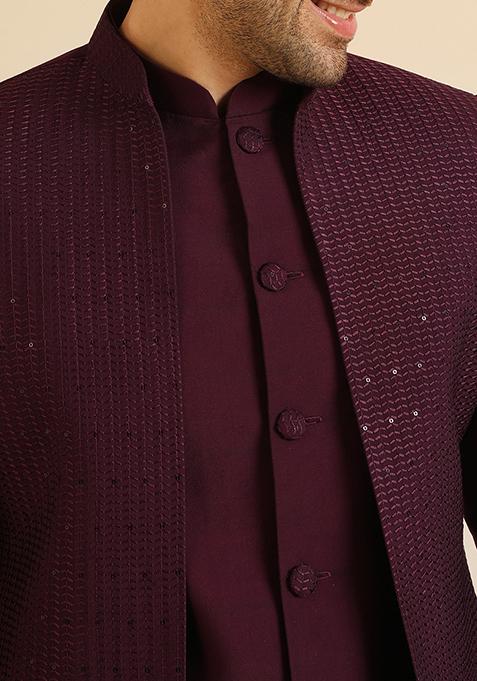 Wine Embellished Blend Jacket Sherwani Set
