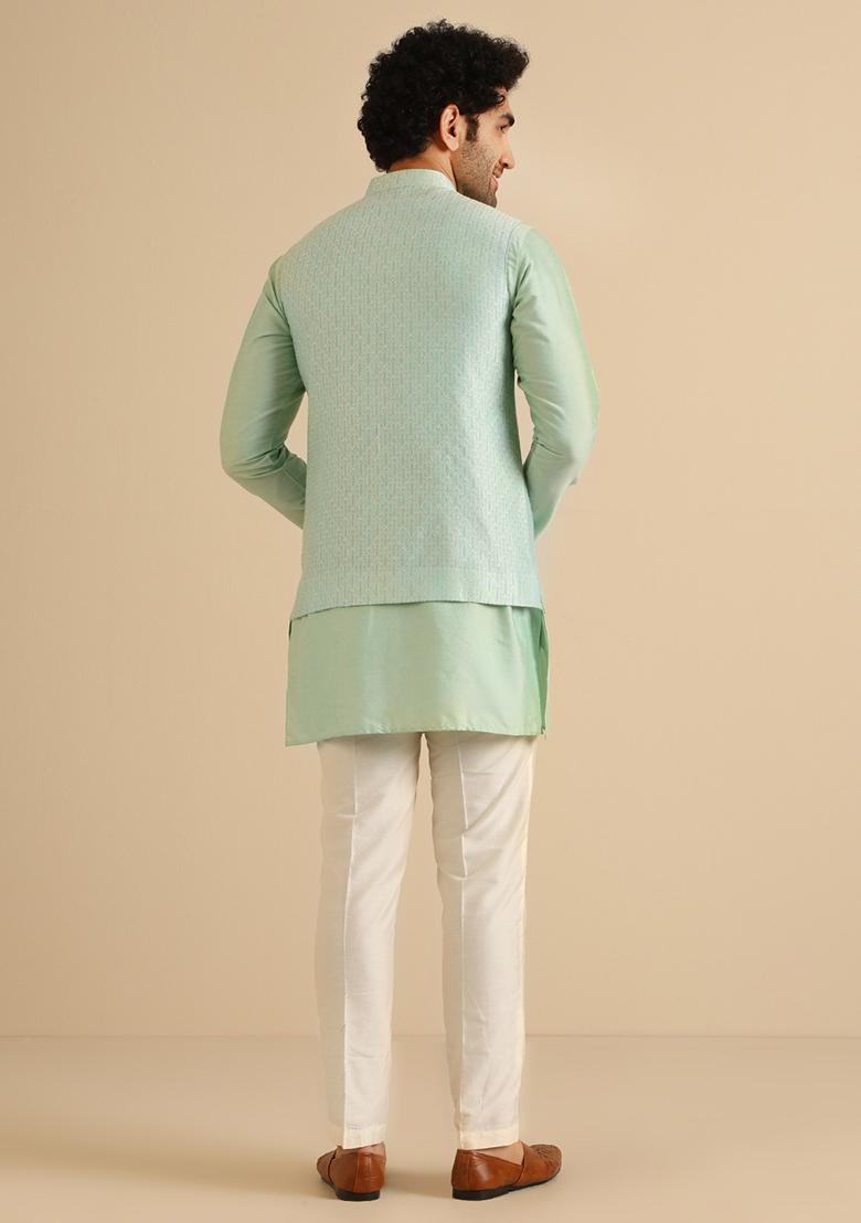 Aqua Green Woven Design Jacquard Jacket