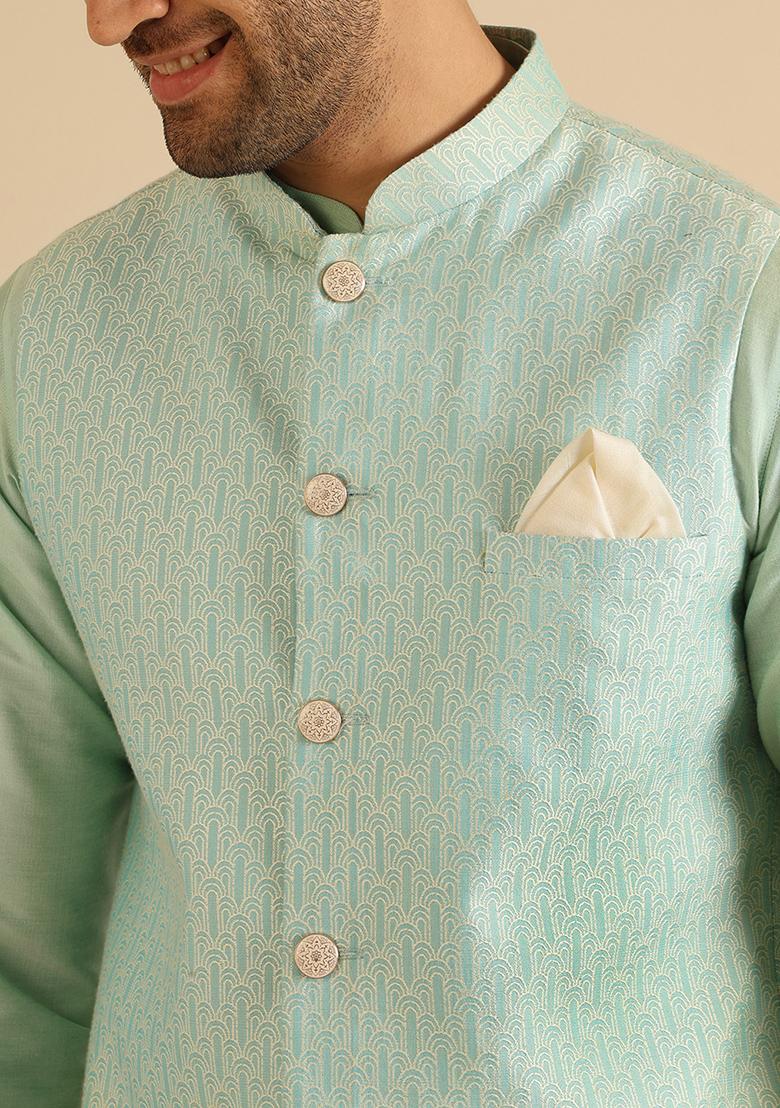 Aqua Green Woven Design Jacquard Jacket - Indya