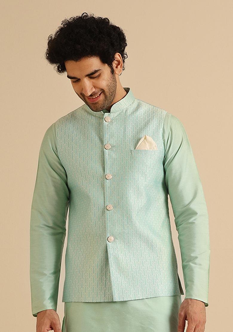 Aqua Green Woven Design Jacquard Jacket