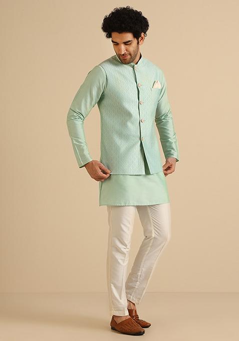 Aqua Green Woven Design Jacquard Jacket