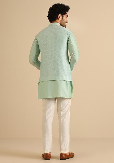 Aqua Green Woven Design Jacquard Jacket