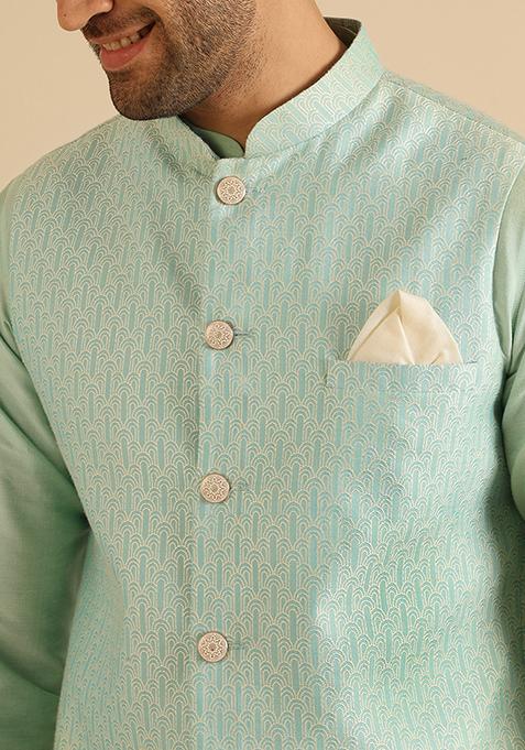 Aqua Green Woven Design Jacquard Jacket